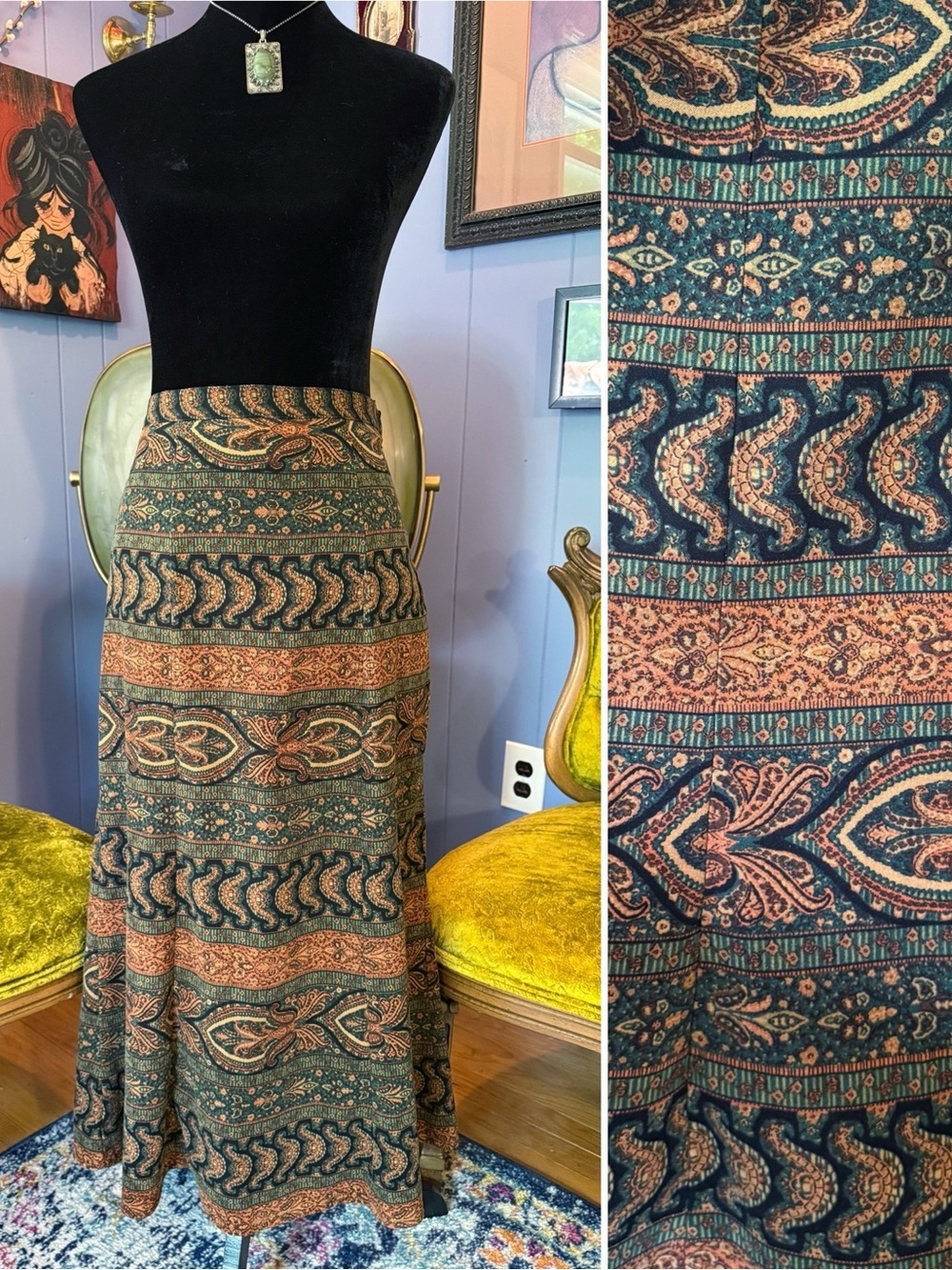 Vintage 90s/Y2K Notations A-Line Boho Paisley Print Maxi Skirt Size S/M